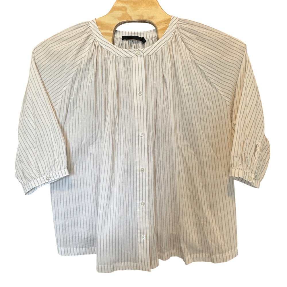 Jenni Kayne Striped Blouse 1X Pleated Button Front 3/4 Sleeve Luxury Capsule
